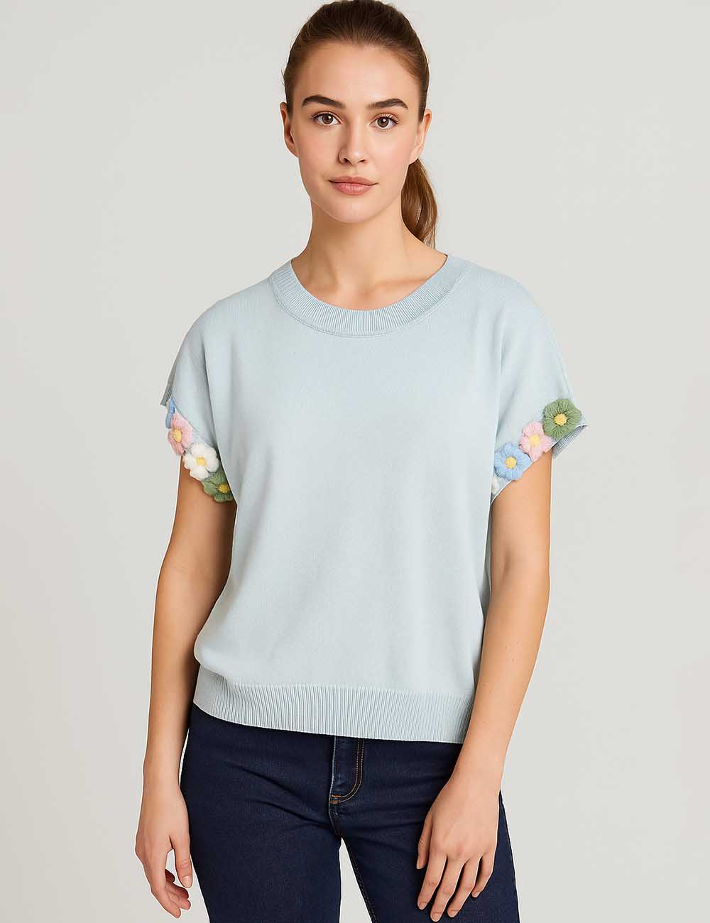 Ladies 3D Flower Pullover Short Sleeves Knit Top