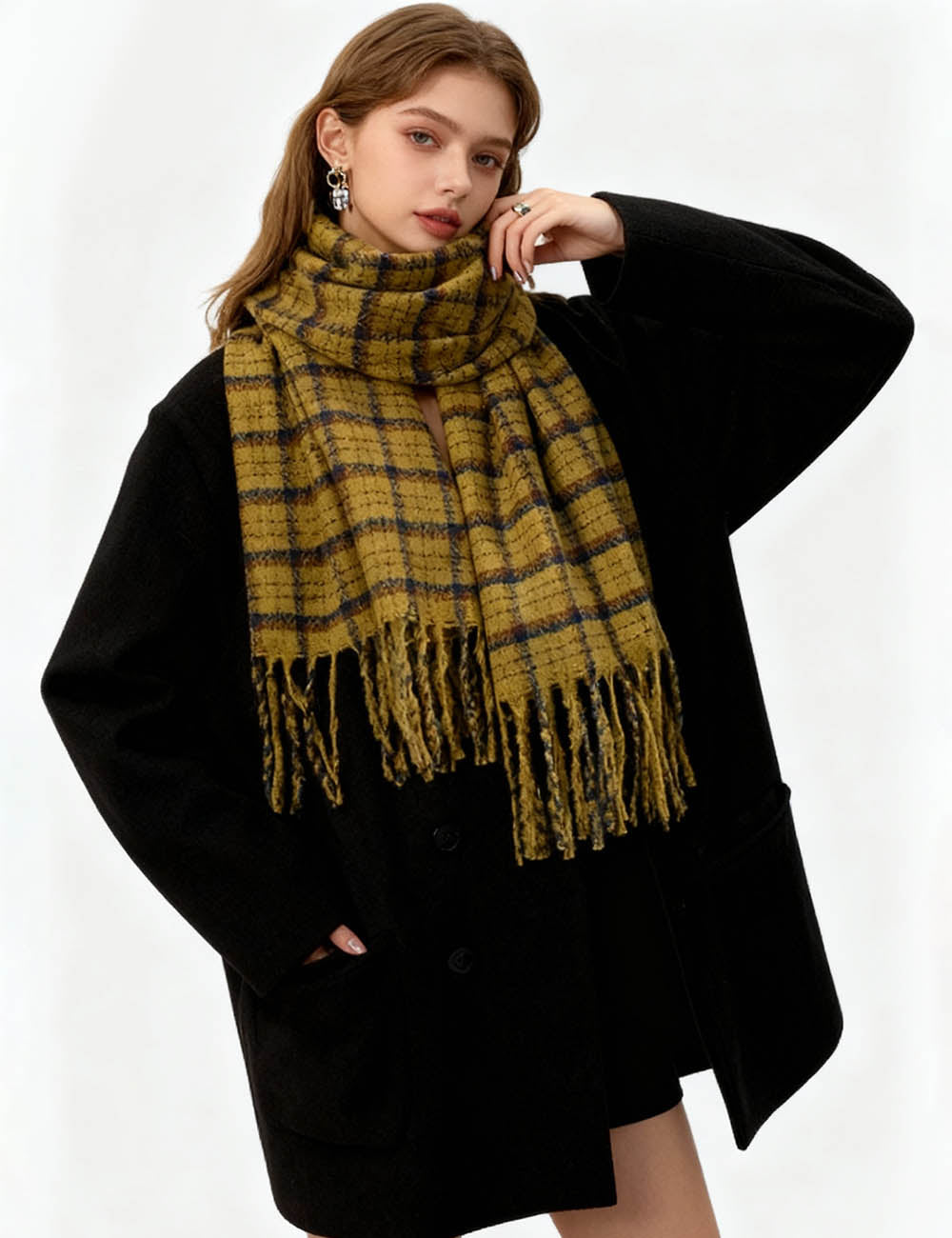 Ladies Christmas Vintage Plaid Tassel Holiday Knit Scarf