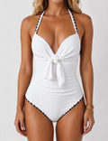 Ladies Textured Crinkle Fabric V-Neck One Piece Swimsuit