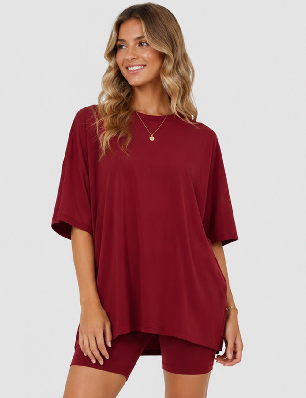 Ladies Solid Loungewear Outfits Loose Top & Slim Shorts Set