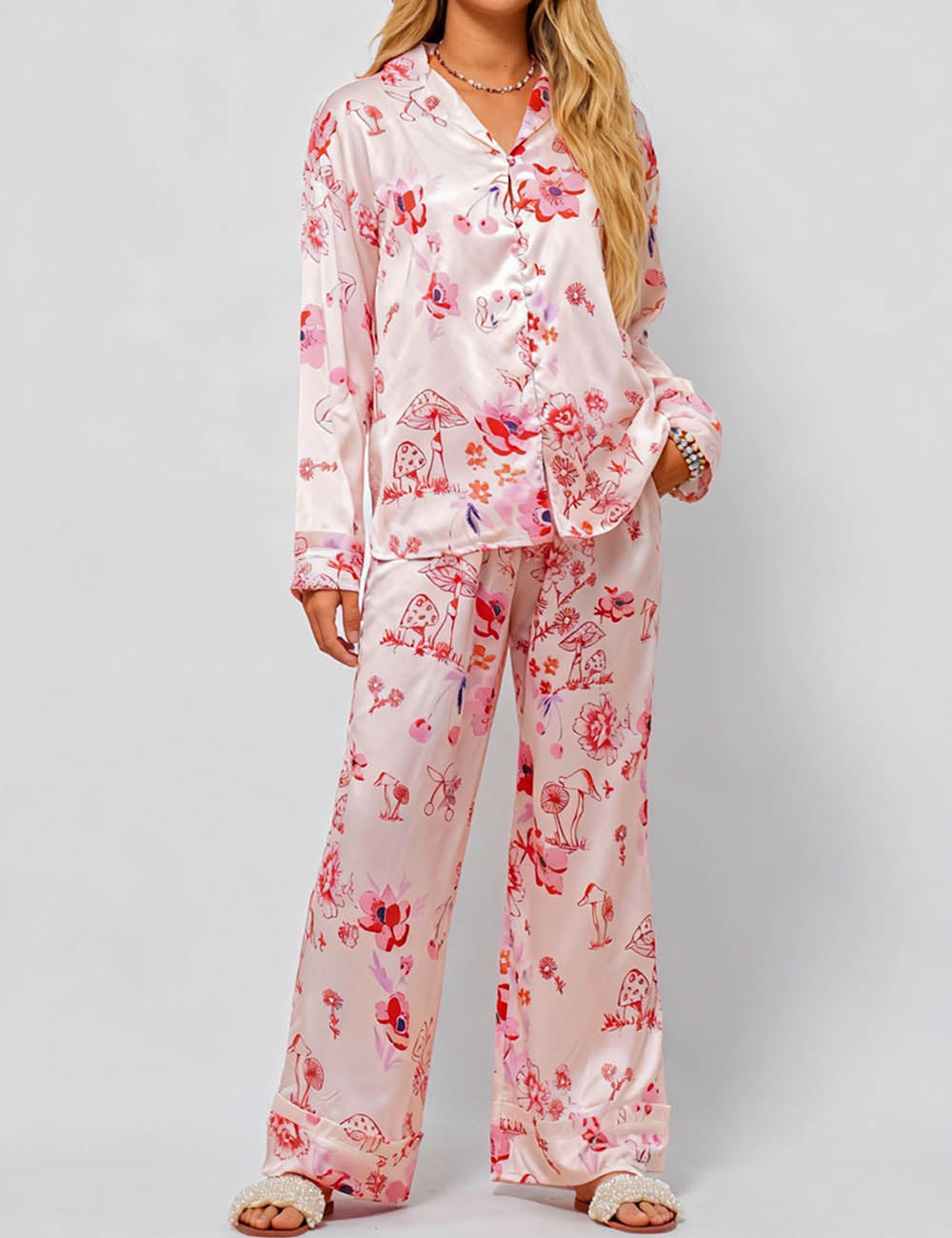 Ladies V-Neck Floral Print Top & Pants Set SKST51306