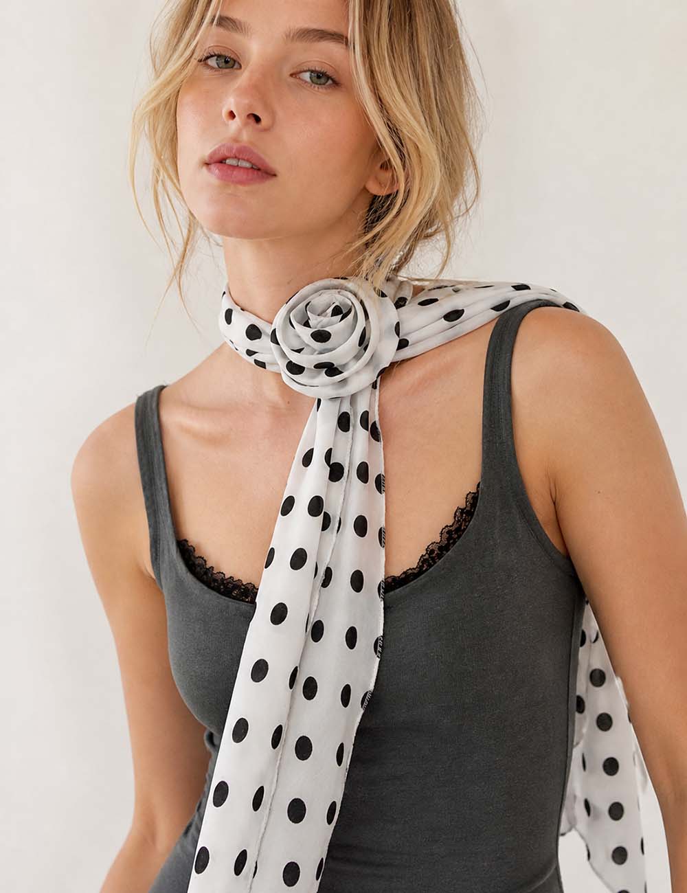Ladies Chic Polka Dot Detachable Rose Chiffon Scarf