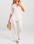 Ladies Chic Embroidery Button-Up Blouse & Pants Matching Set