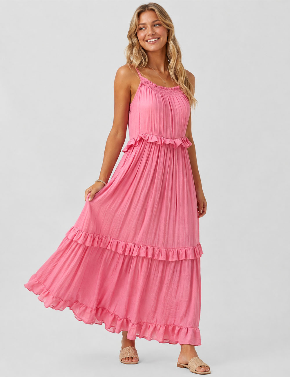 Ladies Boho Ruffle Tiered Hem Sleeveless Solid Color Maxi Dress