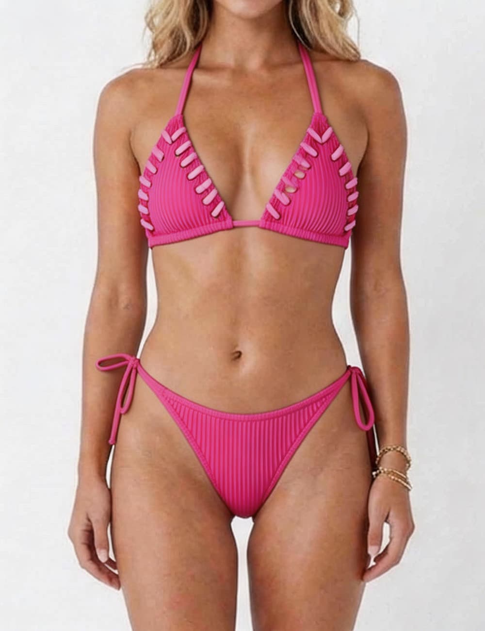 Ladies Contrast Stitch Ribbed Halter Triangle 2 Piece Bikini Set