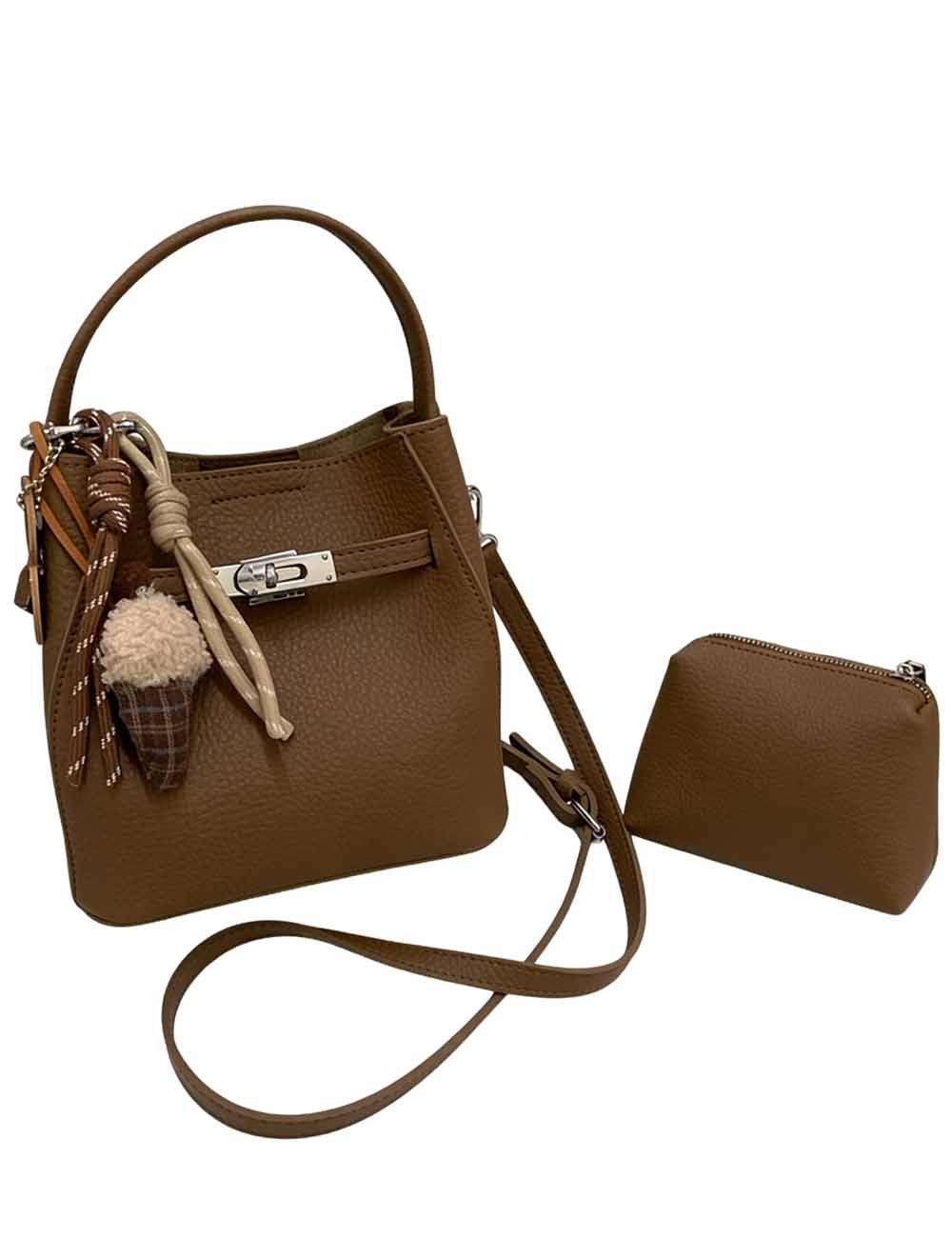 Ladies Litchi Faux Leather Crossbody Mini Bucket Bag Set