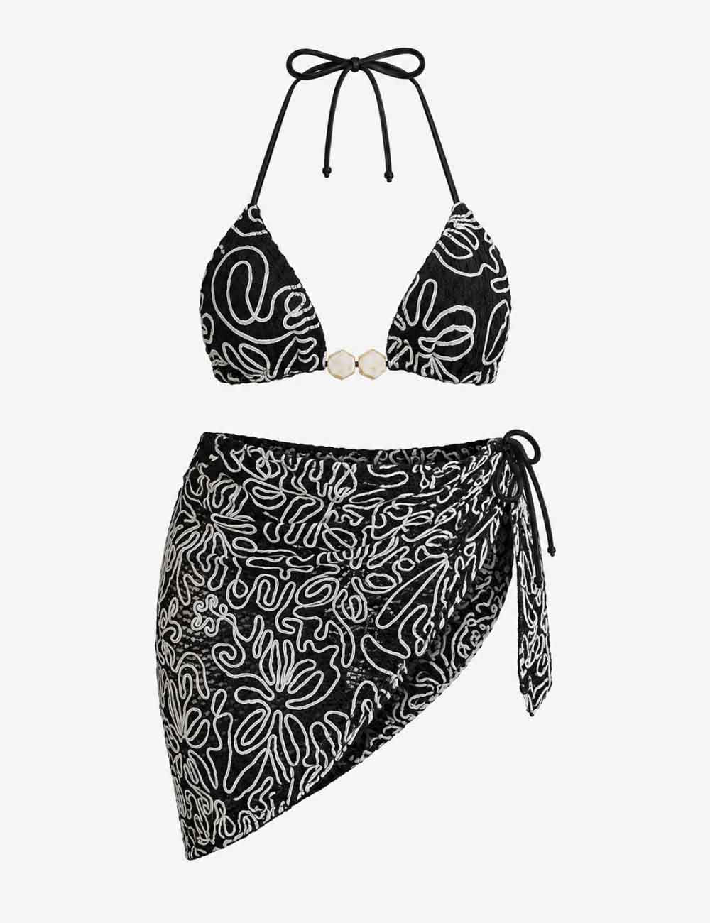Ladies Crochet Triangle Bikini Set with Wrap Cover Up Skirt