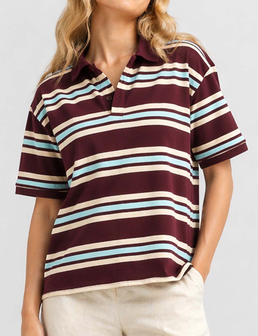 Ladies Striped Polo Collar Short Sleeves T-Shirt Top
