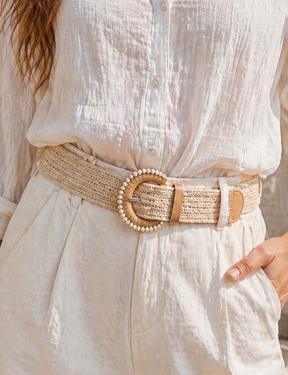 Ladies Boho Woven Straw Round Buckle Elastic Waist Belt