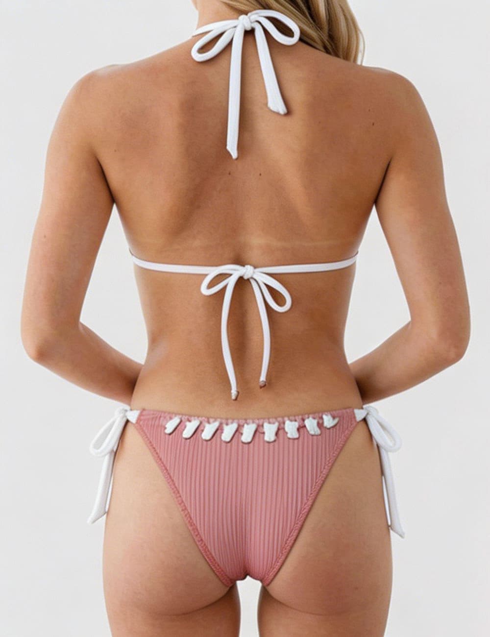 Ladies Braided Trim Ribbed Halter Triangle 2 Piece Bikini Set