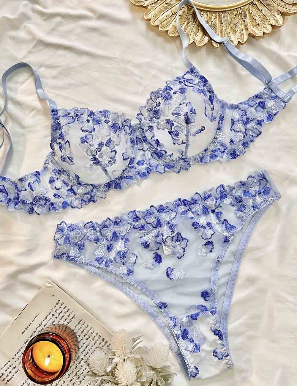 Ladies Floral Embroidery See Through 2PCS Lingerie Set 8HF4113