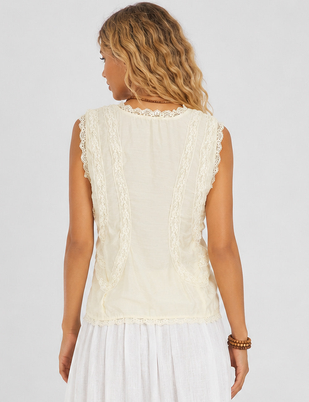 Ladies Ruched Lace Trim V-Neck Sleeveless Top