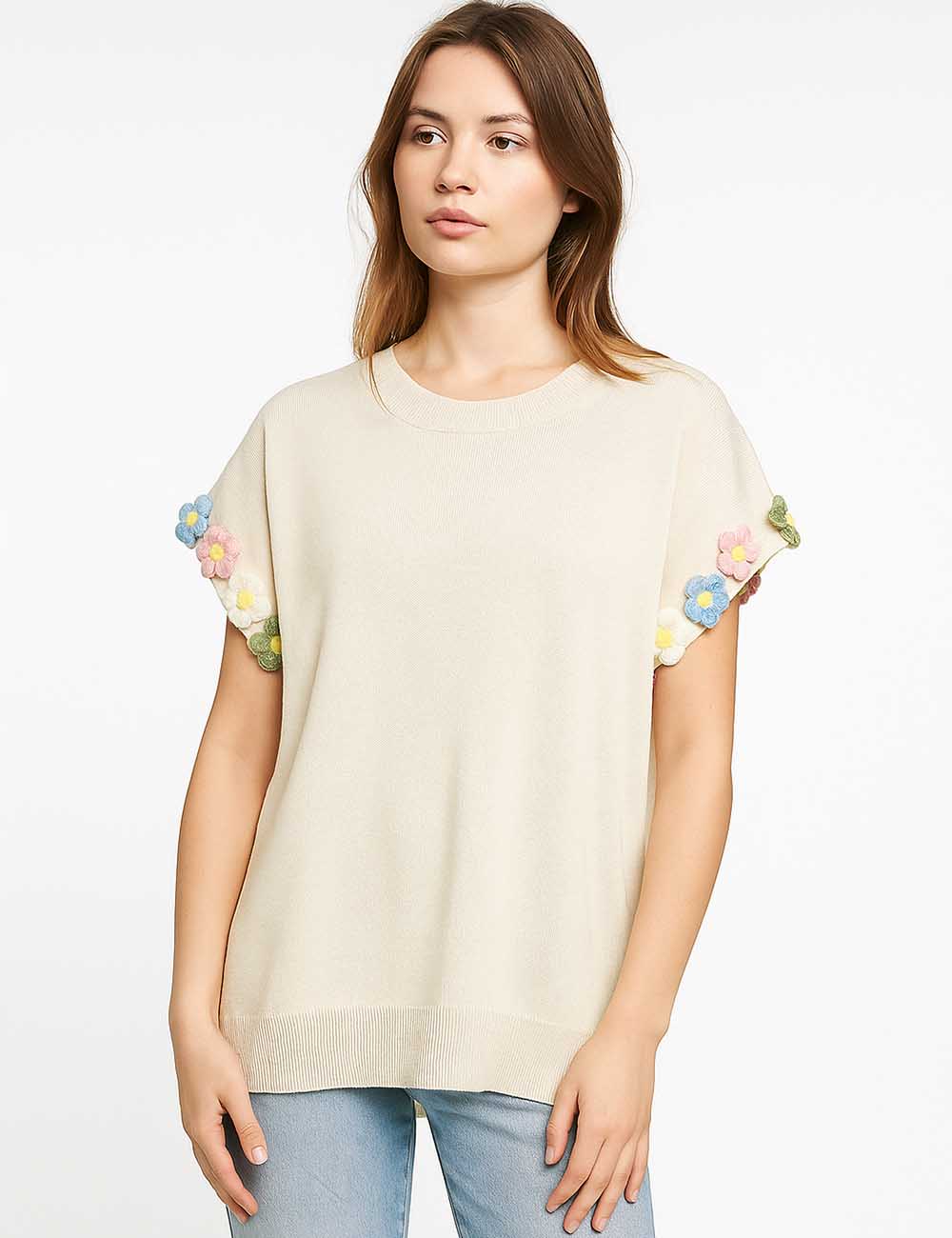 Ladies 3D Flower Pullover Short Sleeves Knit Top