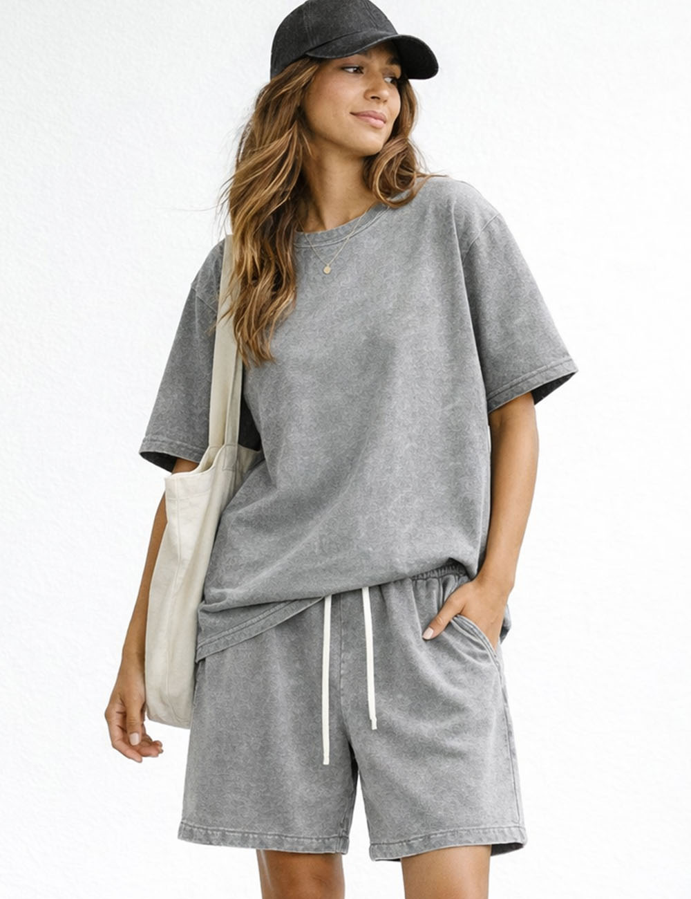 Ladies Washed Round Neck Short Sleeves T-shirt & Shorts Matching Set