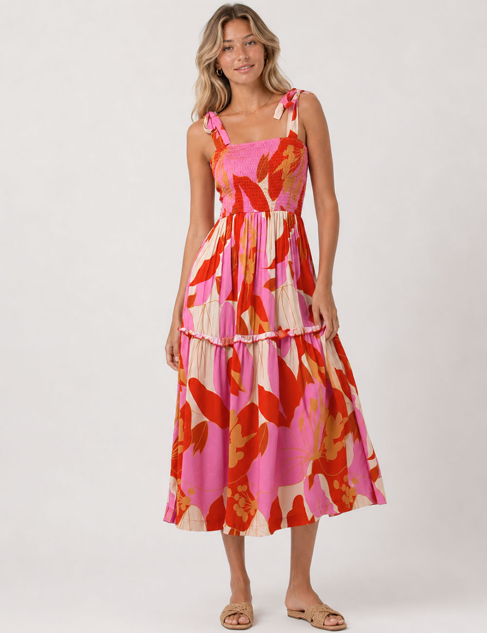 Ladies Abstract Print Smocked Tie Strap Square Neck Midi Dress