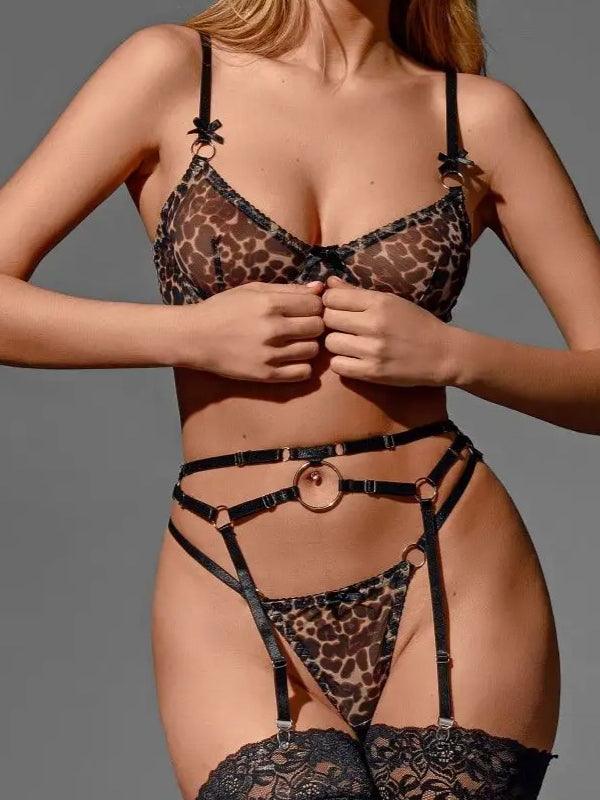 Ladies Leopard See Through Mesh 3PCS Lingerie Set SKLG4023