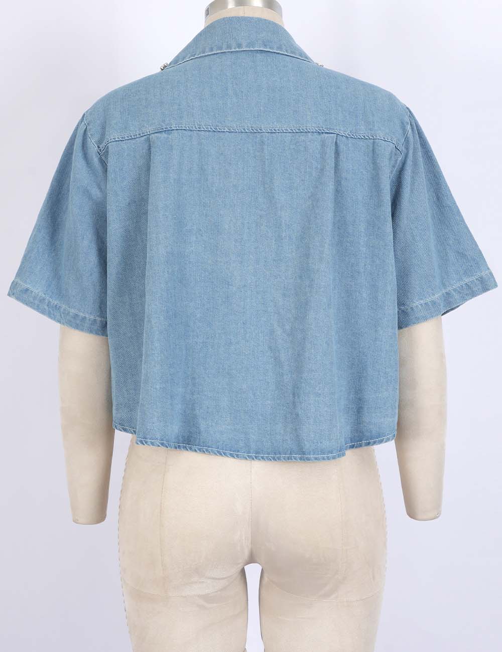 Ladies Rhinestone Shirt Collar Short Sleeves Button-Up Denim Top