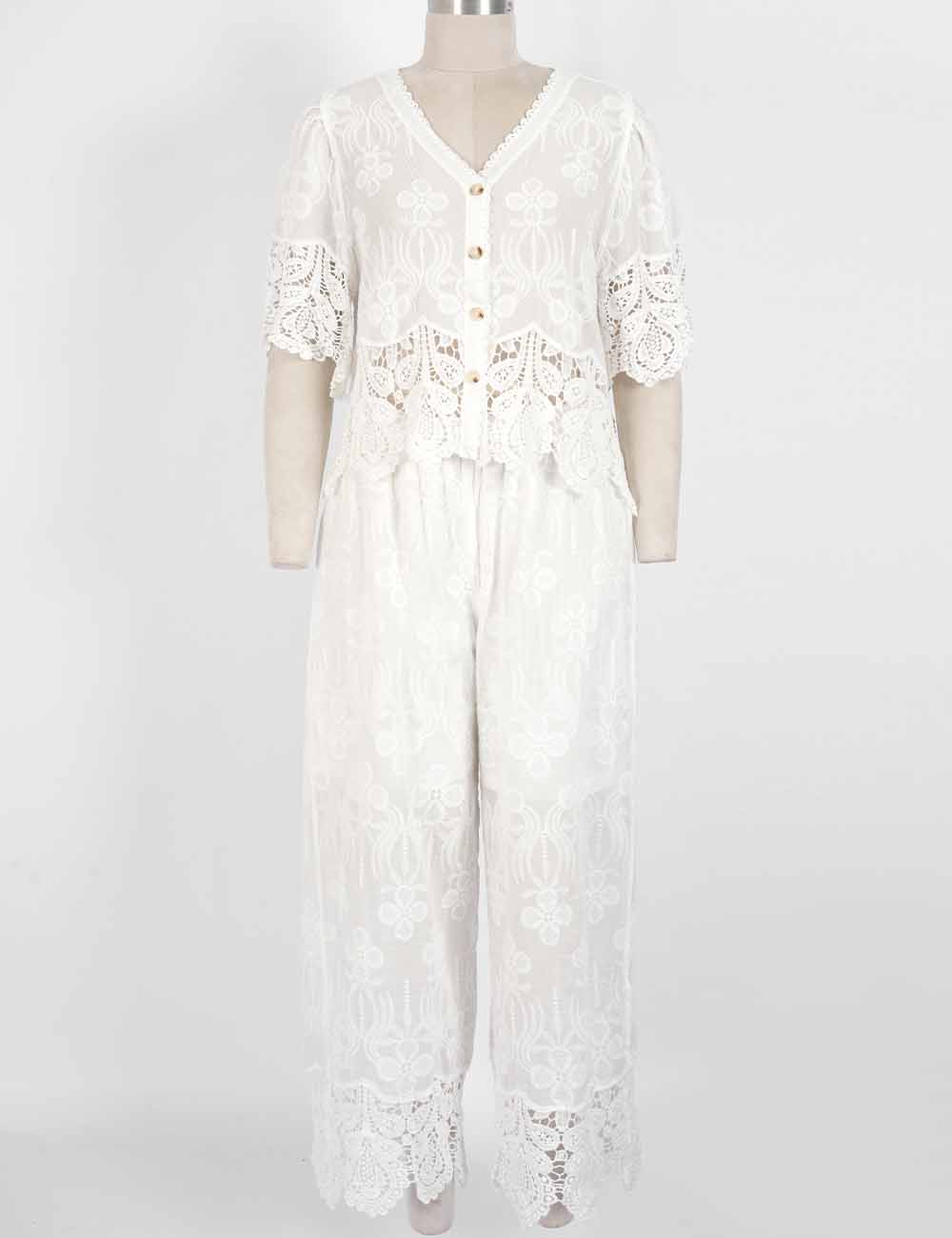 Ladies Crochet Lace Embroidered Button Top & Pants Set