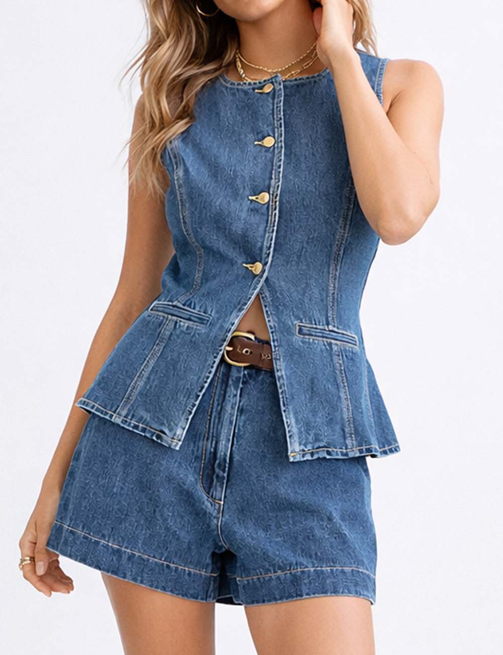 Ladies Sleeveless Button Front Denim Vest & Shorts Matching Set