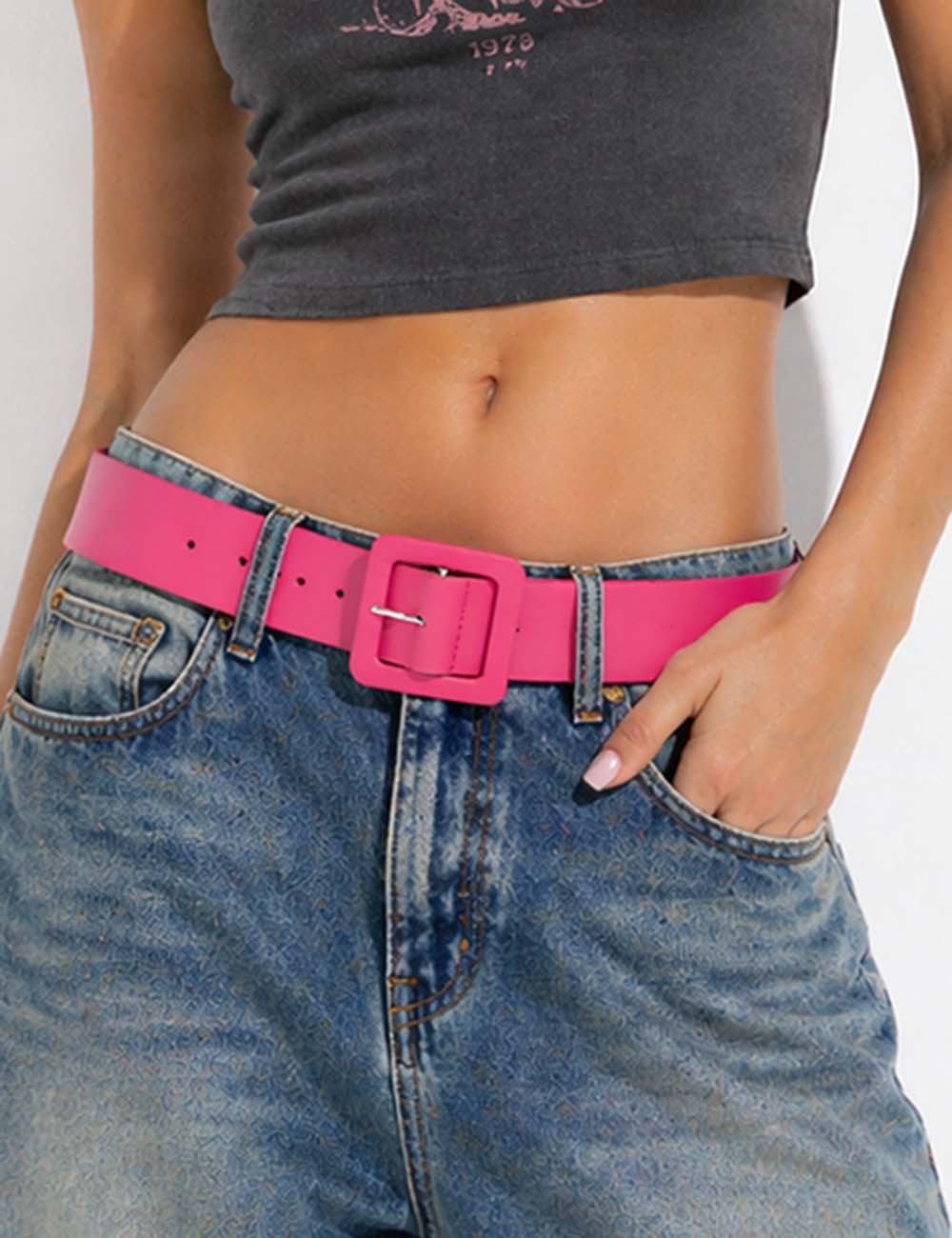 Ladies Chic Square Buckle Solid Color Faux Leather Waist Belt