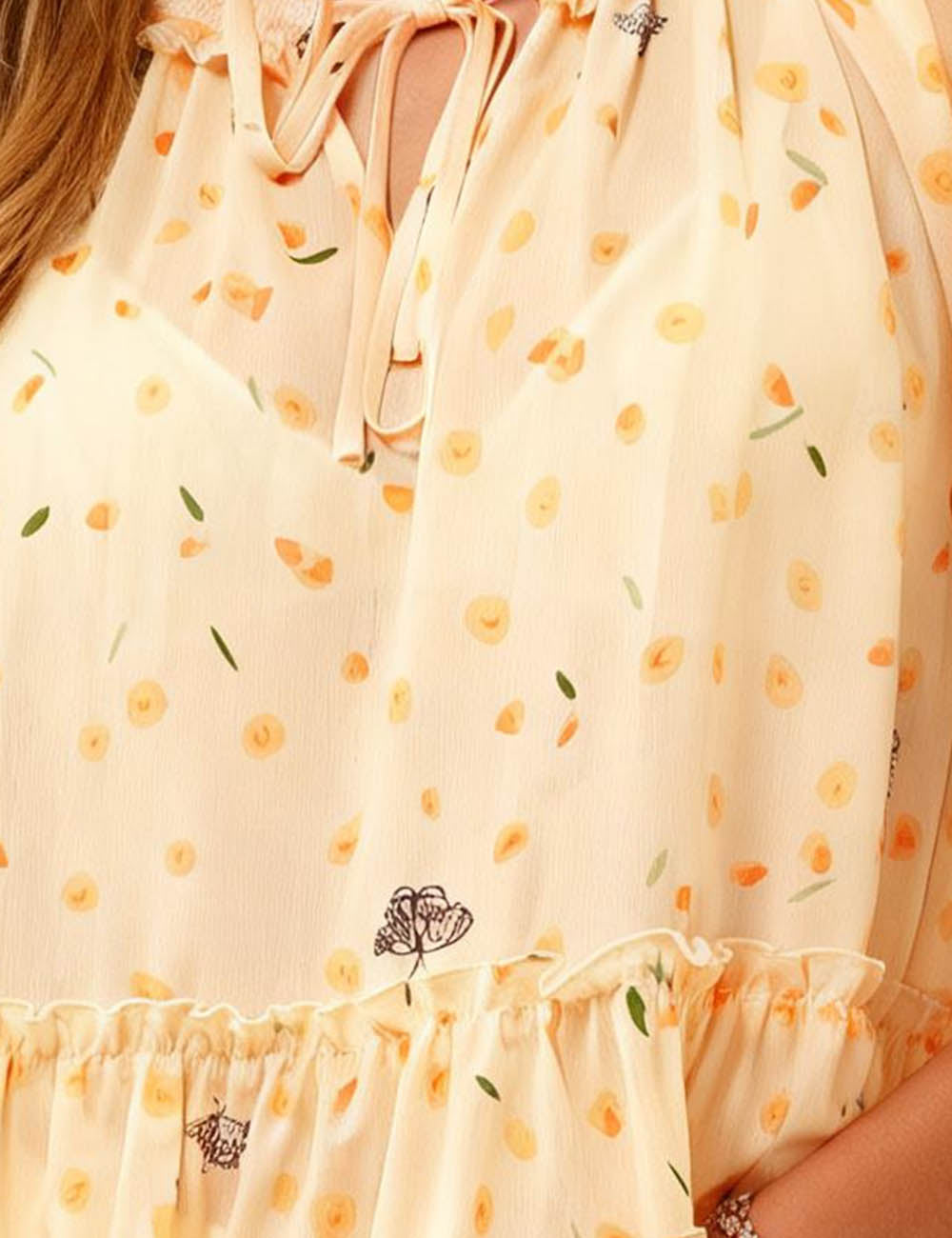 Ladies Floral Print Ruffle Hem Tie Neck Short Sleeves Babydoll Blouse
