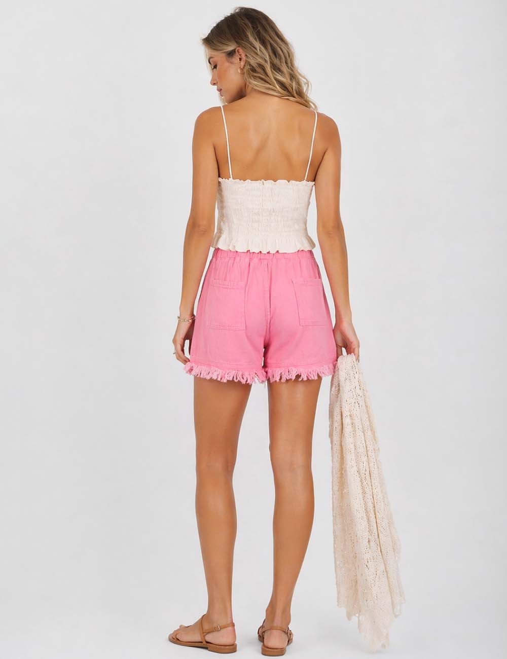 Ladies Solid Color Drawstring Waist Frayed Hem Denim Shorts