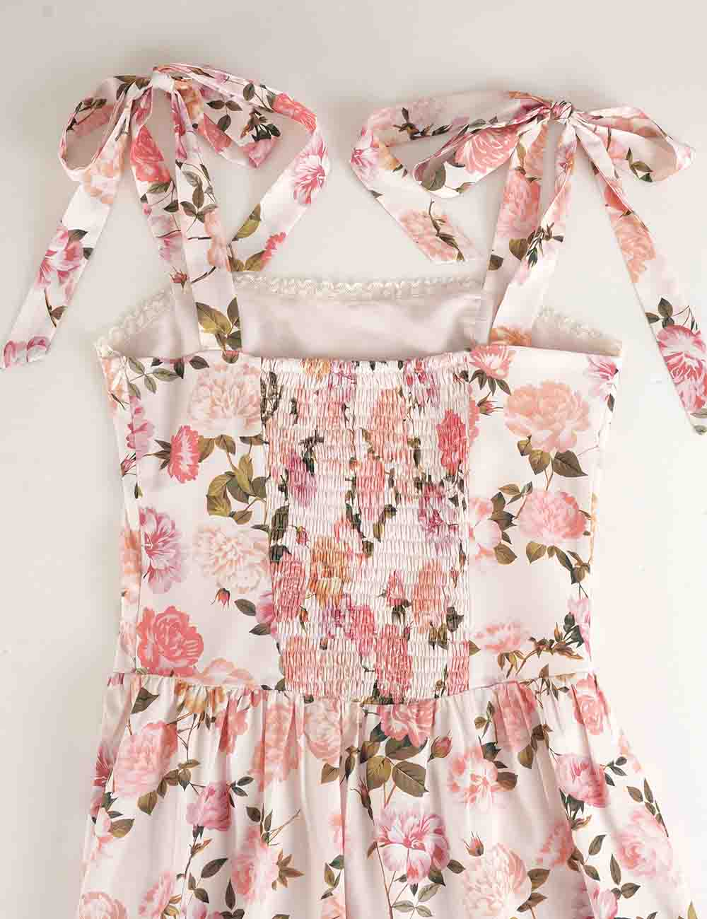 Ladies Floral Print Tie Strap Lace Trim Square Neck Midi Dress