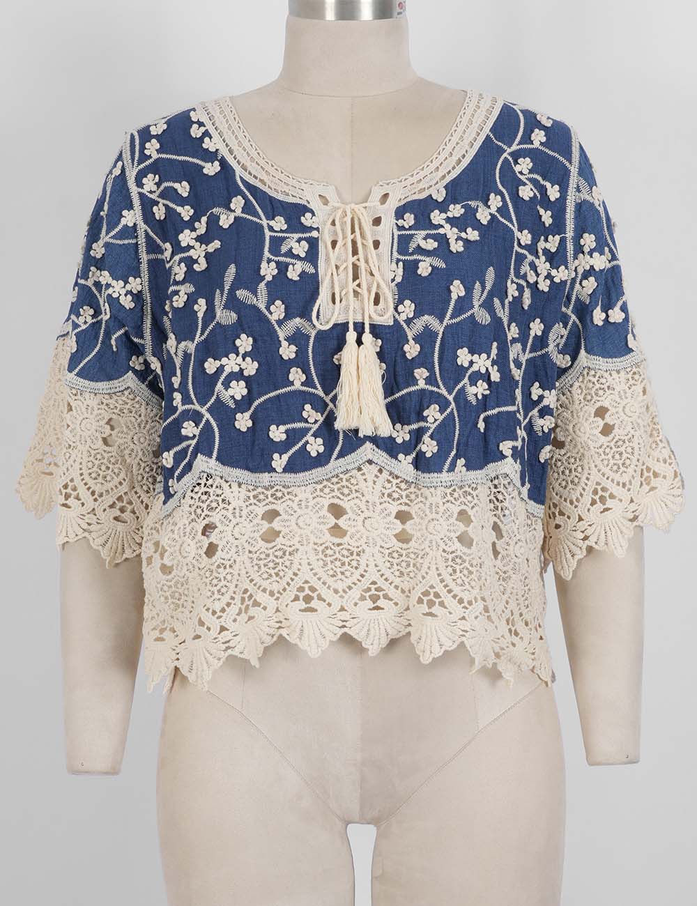 Ladies Boho Embroidery Lace Tie-Neck Tassel Blouse