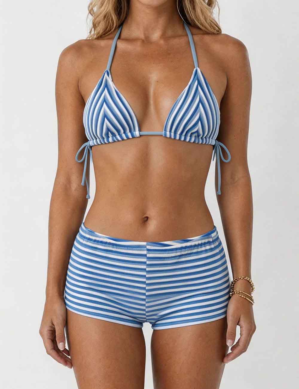 Ladies Striped Tie Back Triangle Halter Bikini Top & Shorts Swimsuit Set