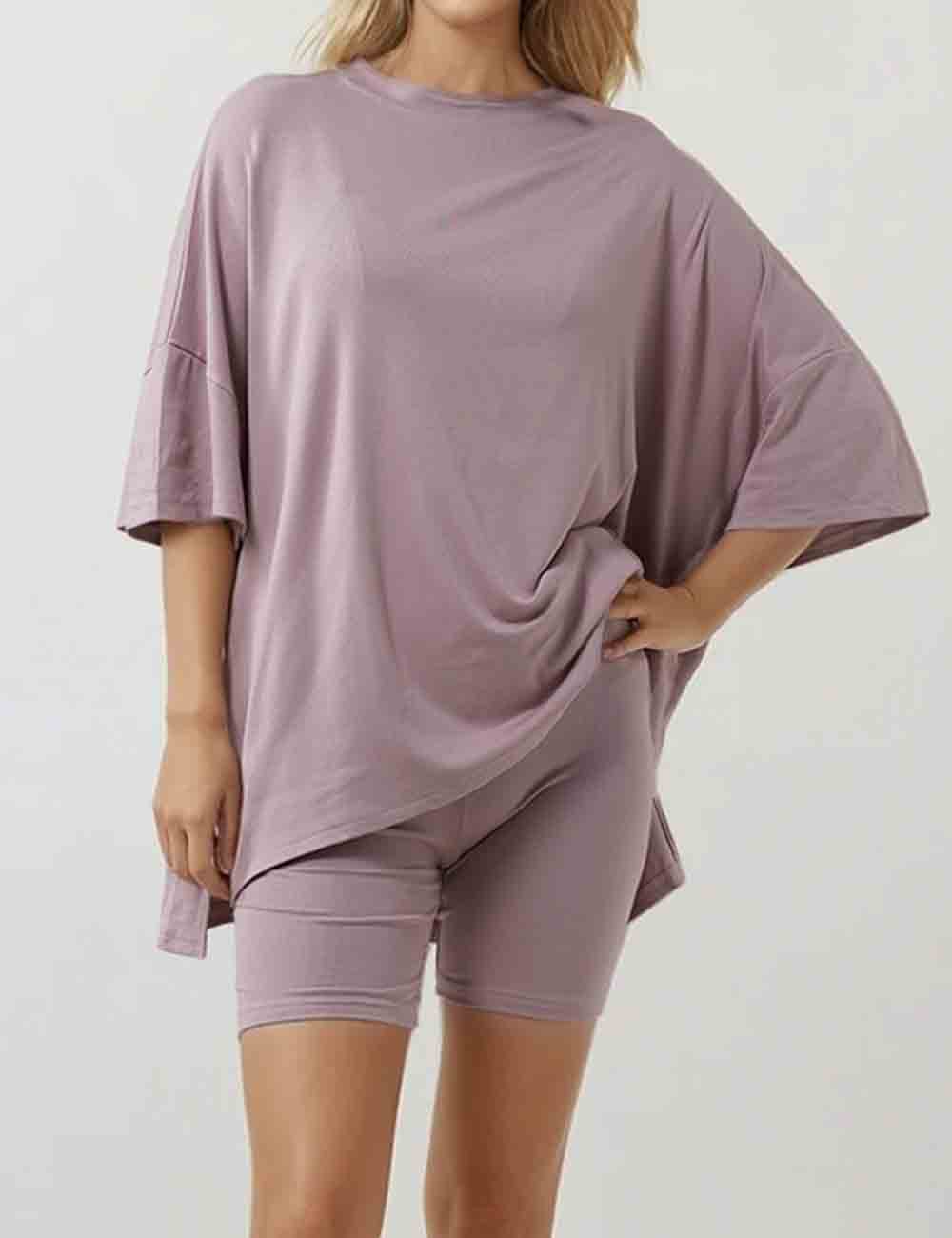 Ladies Solid Loungewear Outfits Loose Top & Slim Shorts Set