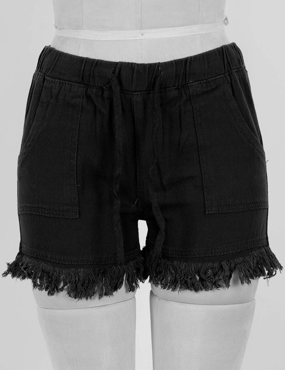 Ladies Solid Color Drawstring Waist Frayed Hem Denim Shorts