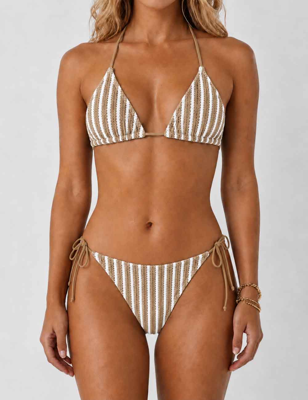 Ladies Striped Crochet Triangle 3 Piece Bikini Set With Cover Up Shorts