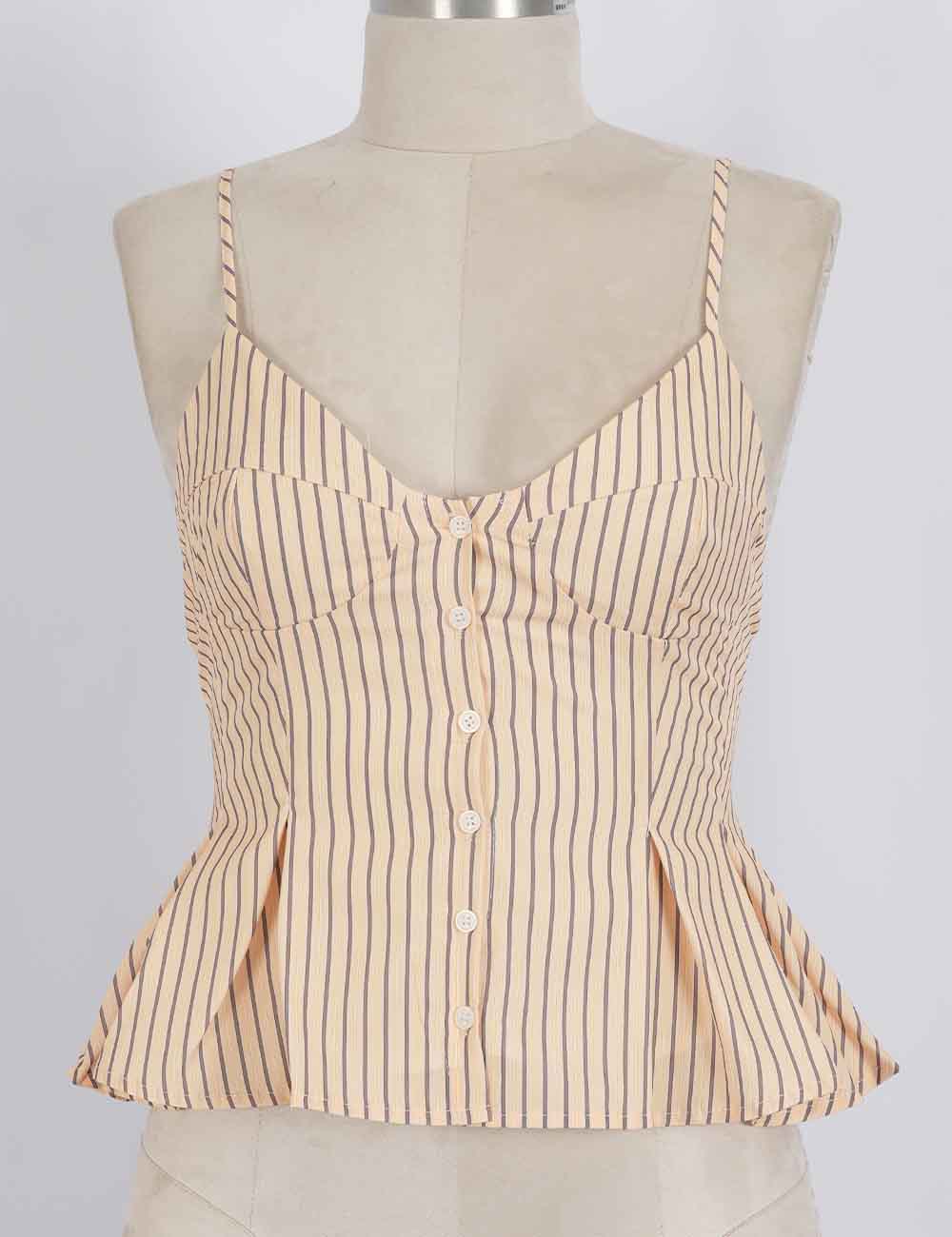 Ladies Chic Striped Spaghetti Strap Button Front Peplum Cami Top