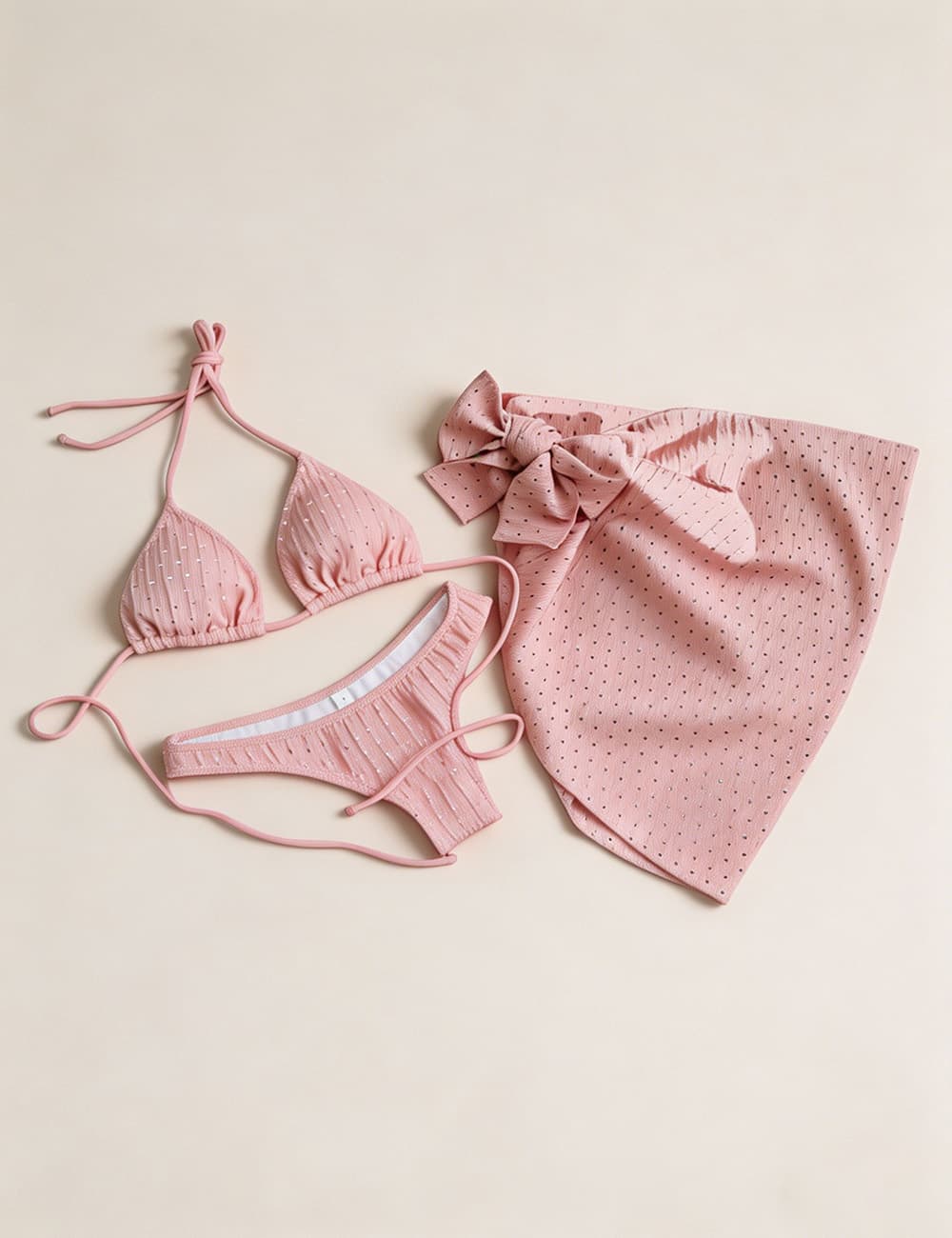Ladies Solid Color Halter Triangle Bikini Set with Cover Up