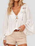 Ladies Solid Color Eyelets Ruffle Lace Blouse