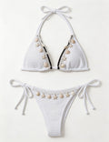 Ladies Waffle Shell Crochet Trim Halter Triangle 2 Piece Bikini Set