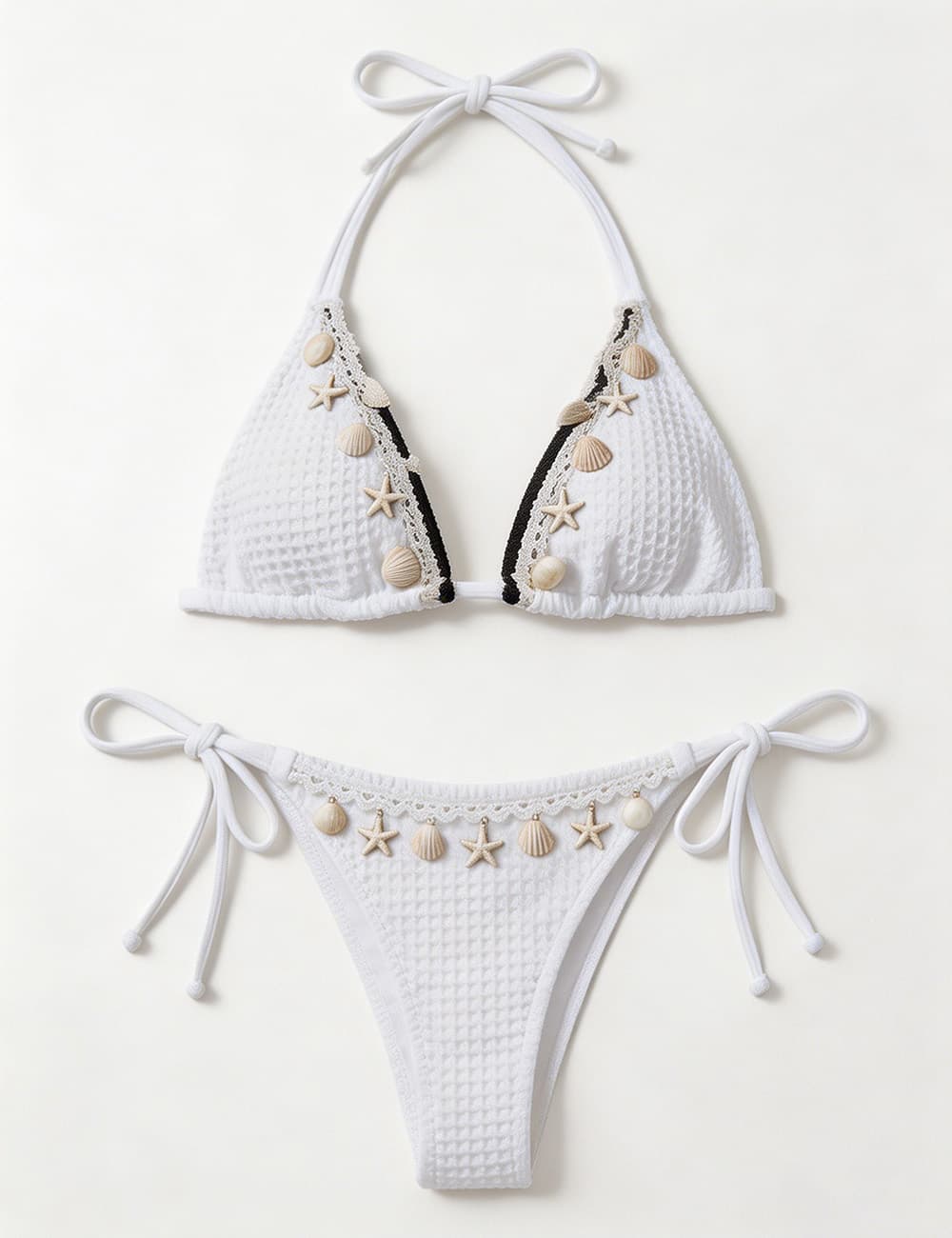 Ladies Waffle Shell Crochet Trim Halter Triangle 2 Piece Bikini Set
