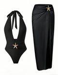 Ladies Gold Starfish Detail Deep V-Neck One-Piece with Salong
