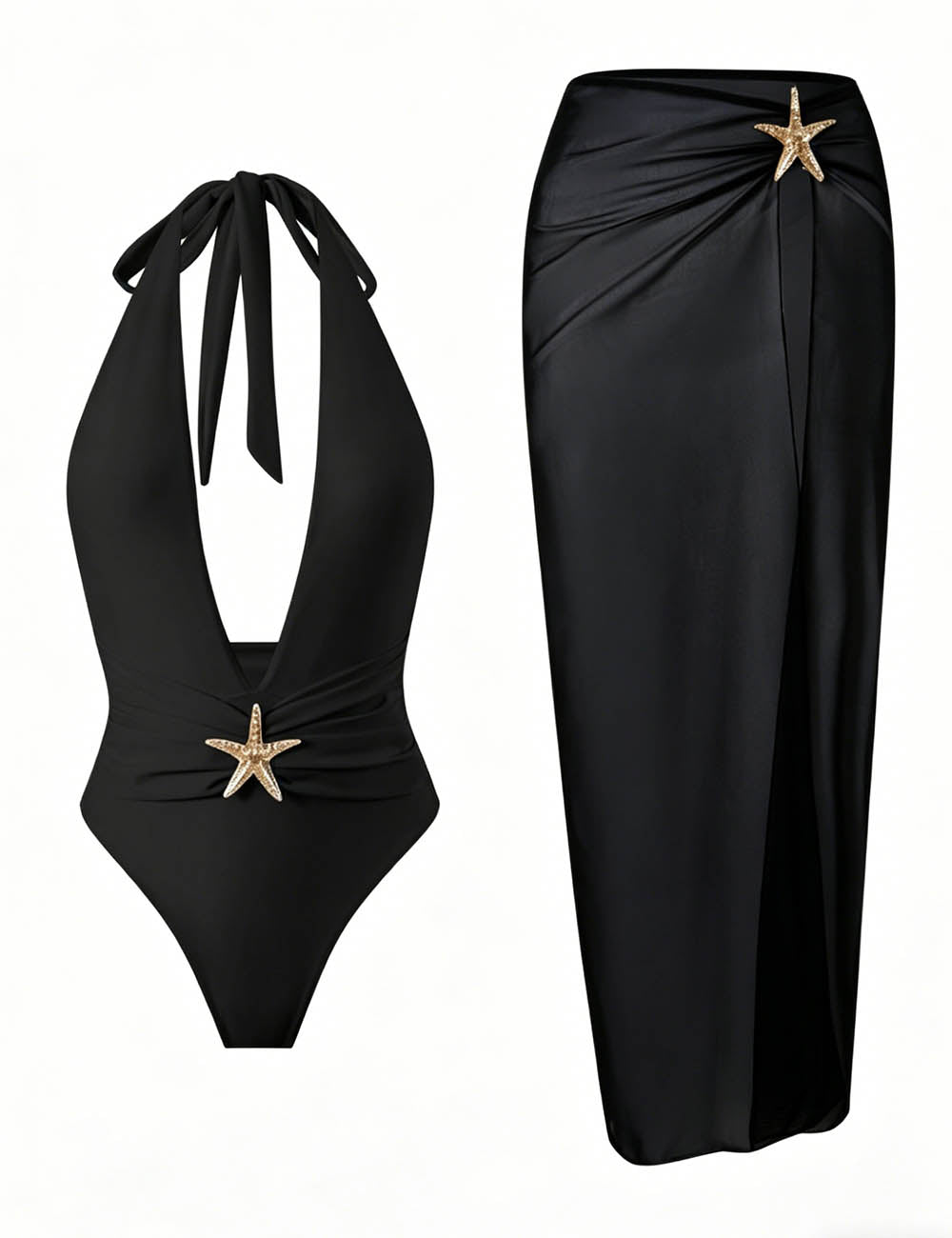 Ladies Gold Starfish Detail Deep V-Neck One-Piece with Salong