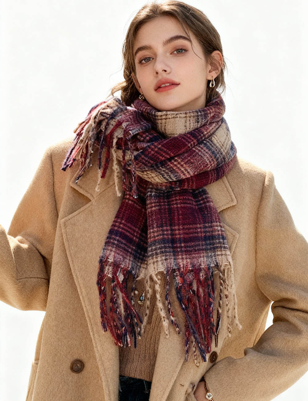 Ladies Warm Winter Plaid Tassel Knit Scarf