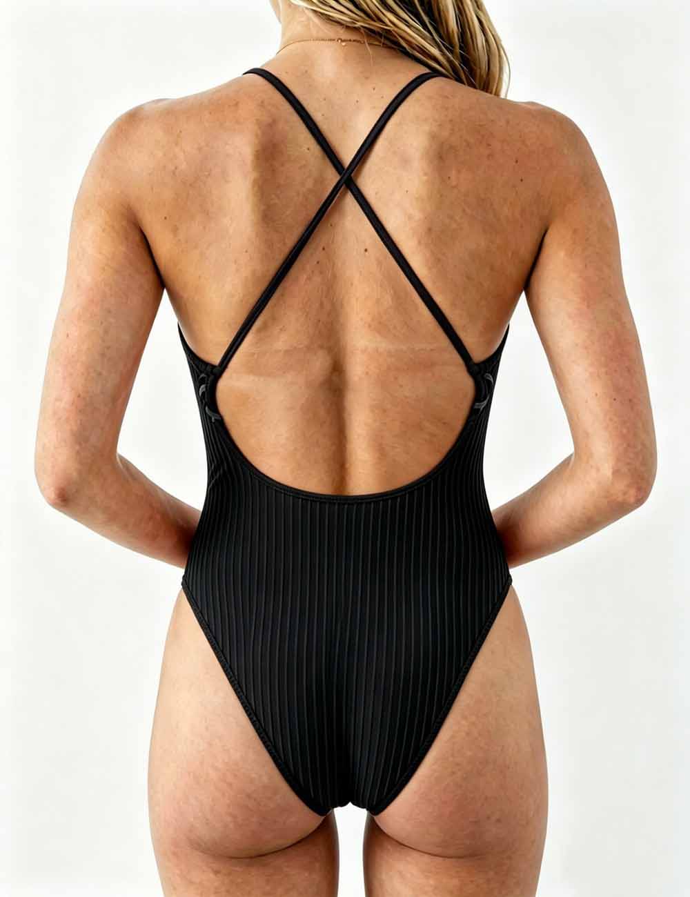 Ladies Lace-Up Accents Along High Leg Cut One Piece Swimsuit