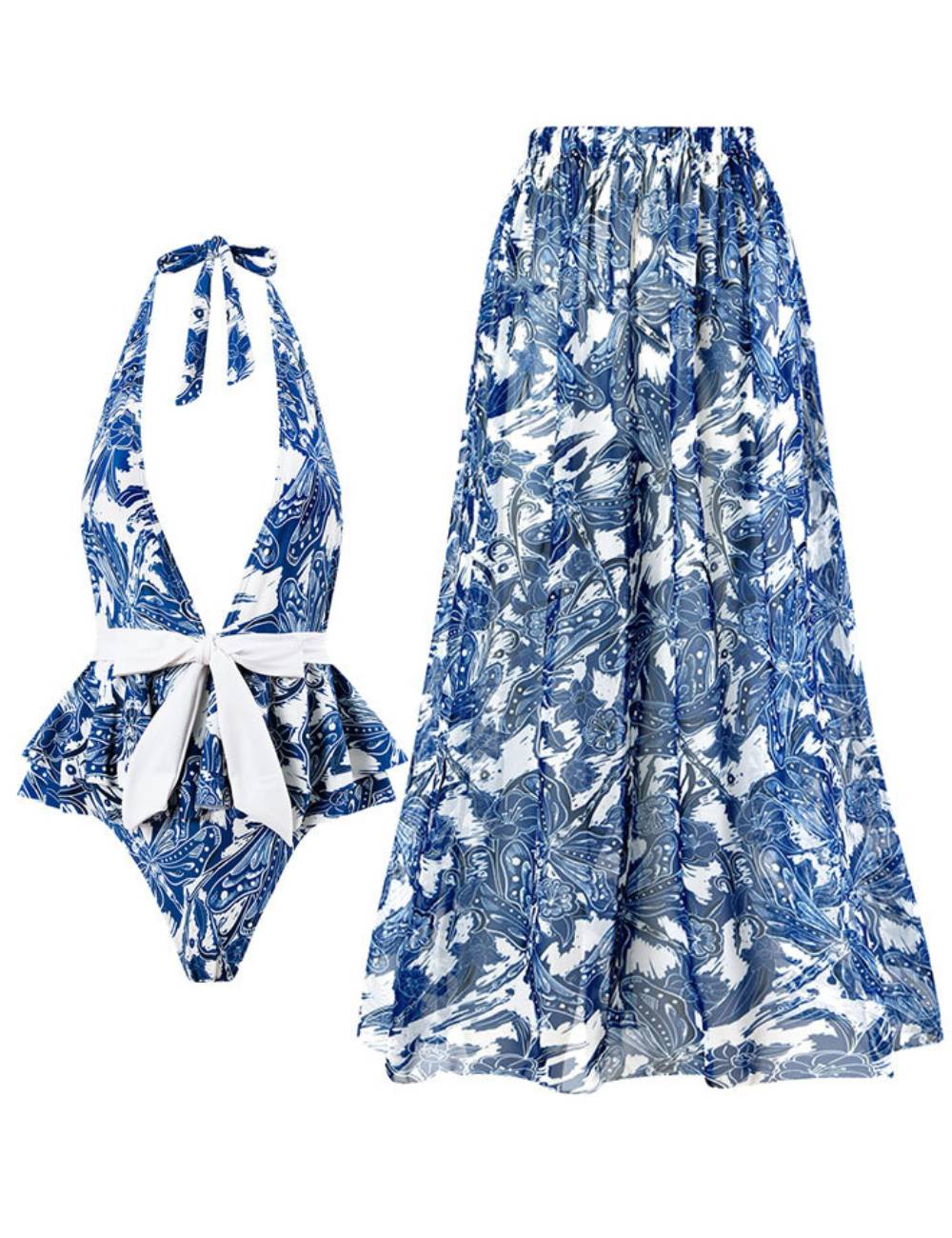 Halter Ruffle One Piece Swimwear with Cover SKSW40140