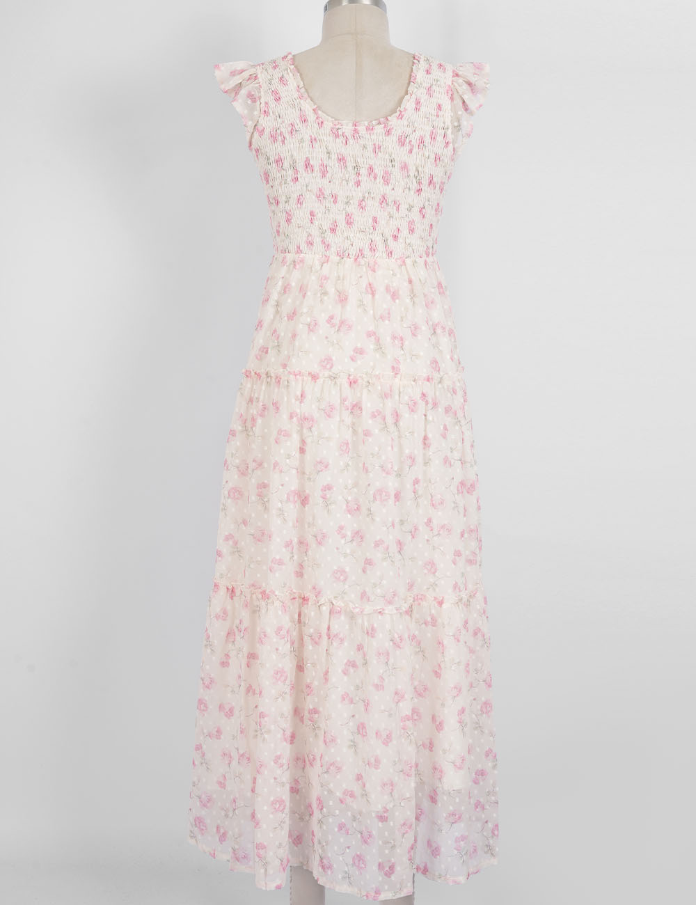 Ladies Floral Print Ruffle Sleeves Tiered Hem Smocked Maxi Dress