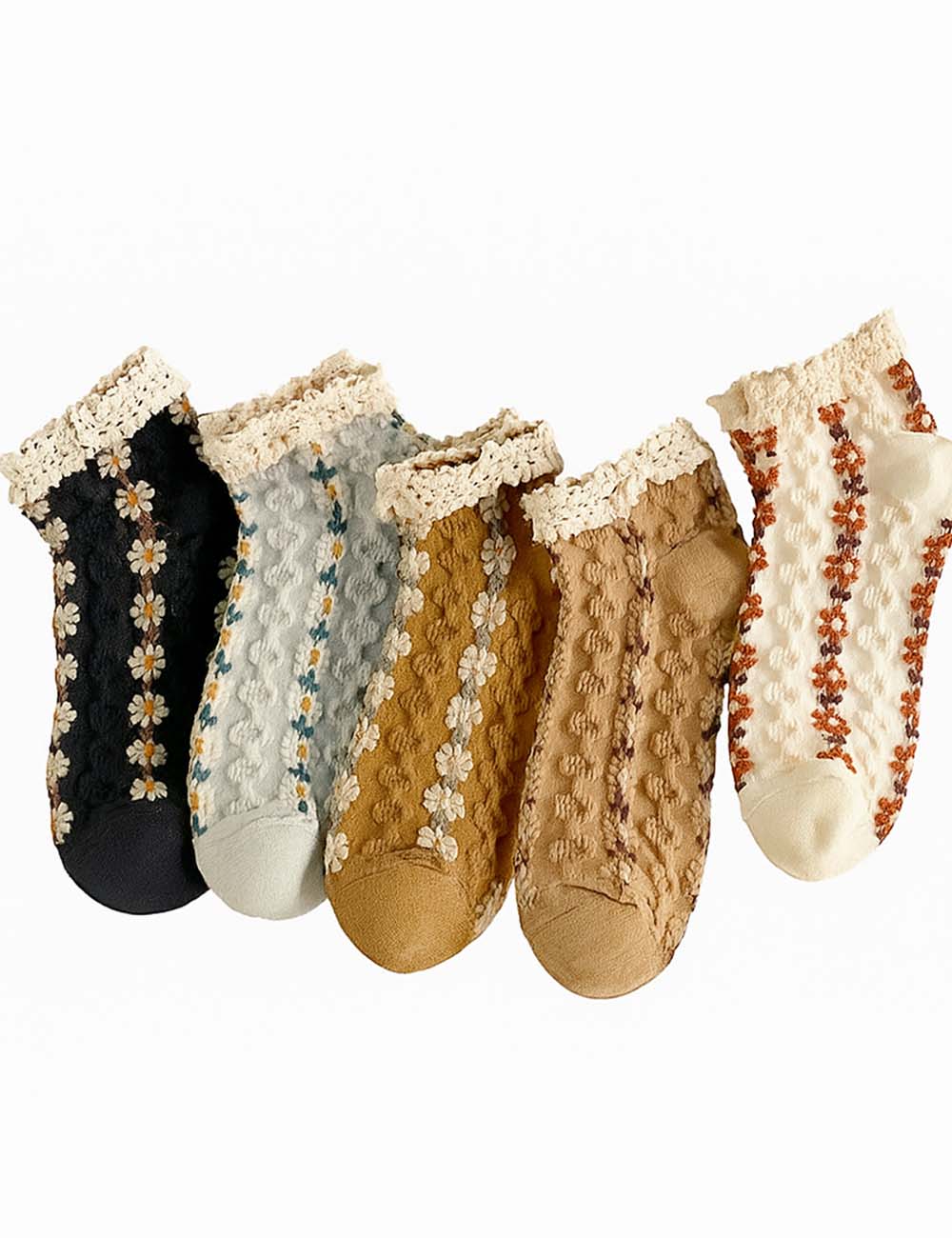 Ladies Floral Embroidery Ruffled Trim Knit Ankle Socks