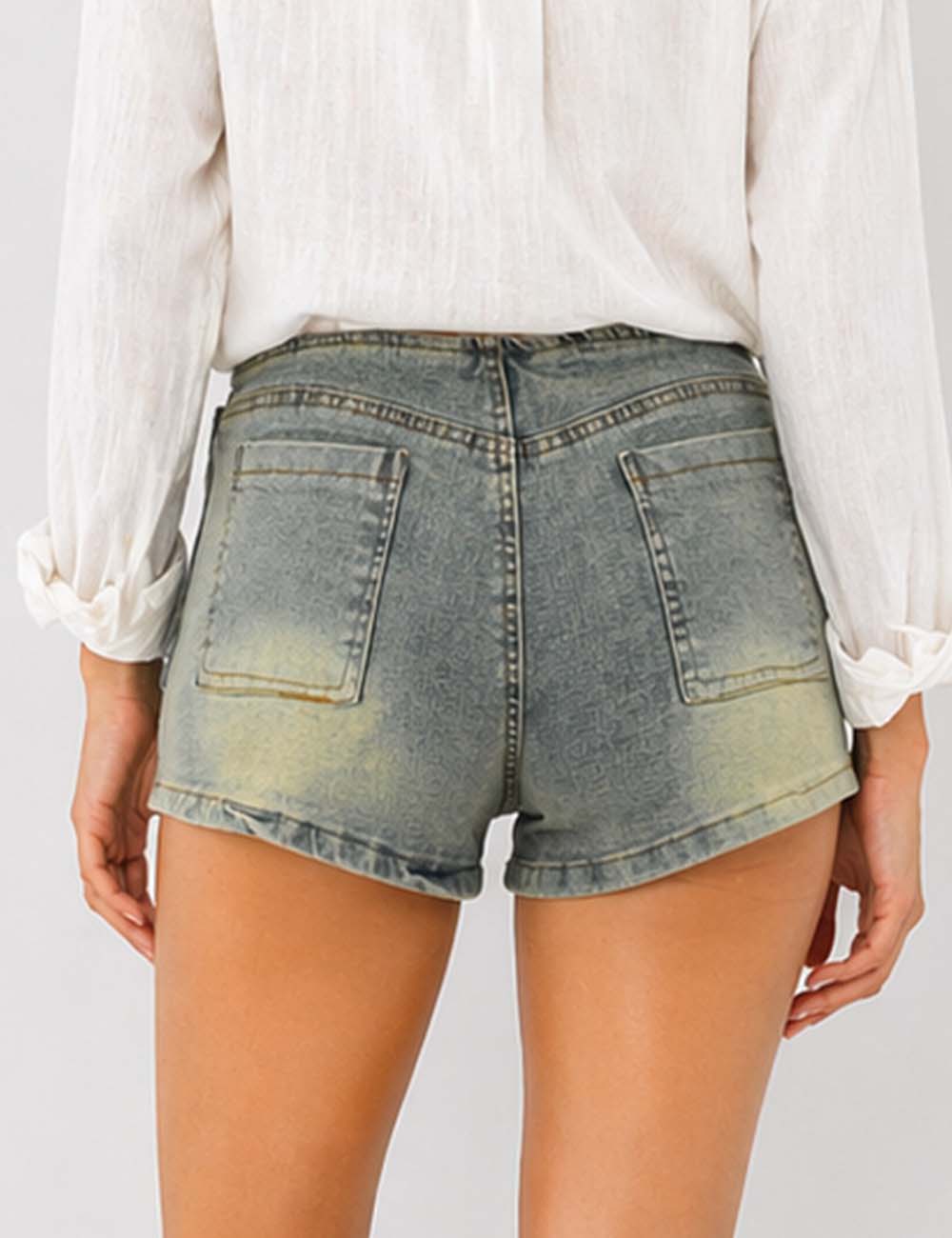 Ladies Metal Eyelet Belt Wrap Denim Mini Shorts