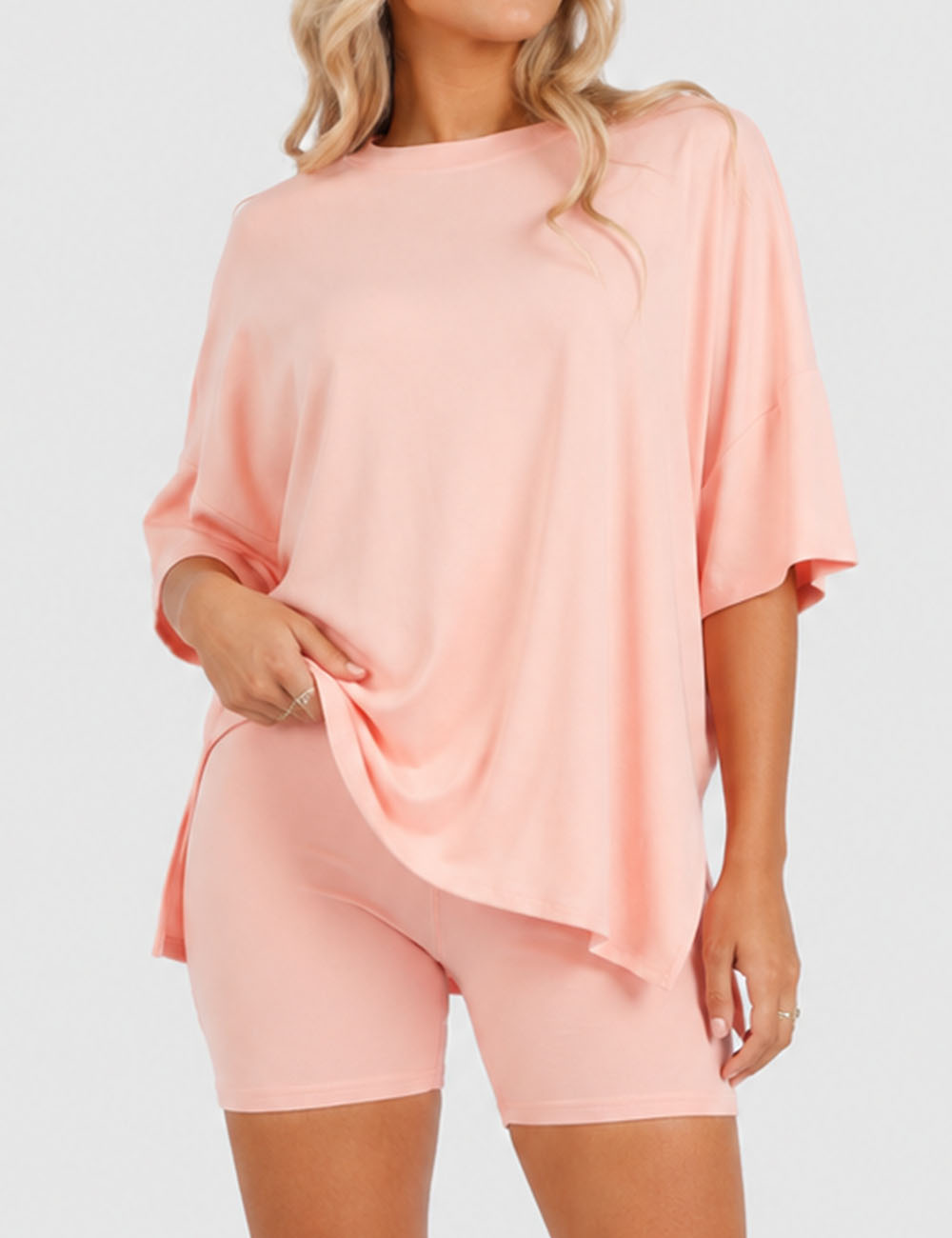 Ladies Solid Loungewear Outfits Loose Top & Slim Shorts Set