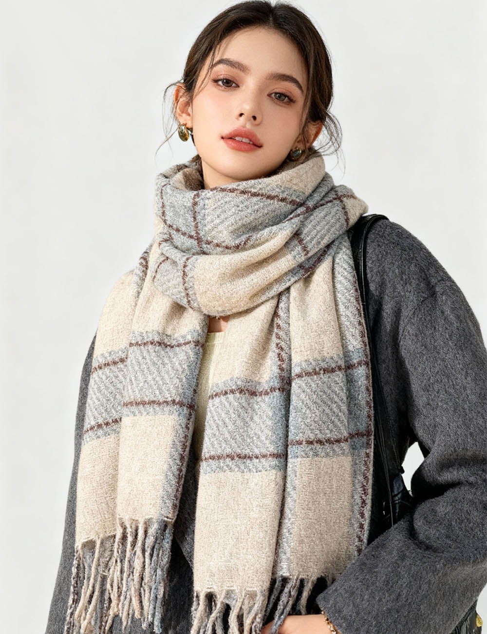 Ladies Vintage Cozy Checked Tassel Knit Scarf