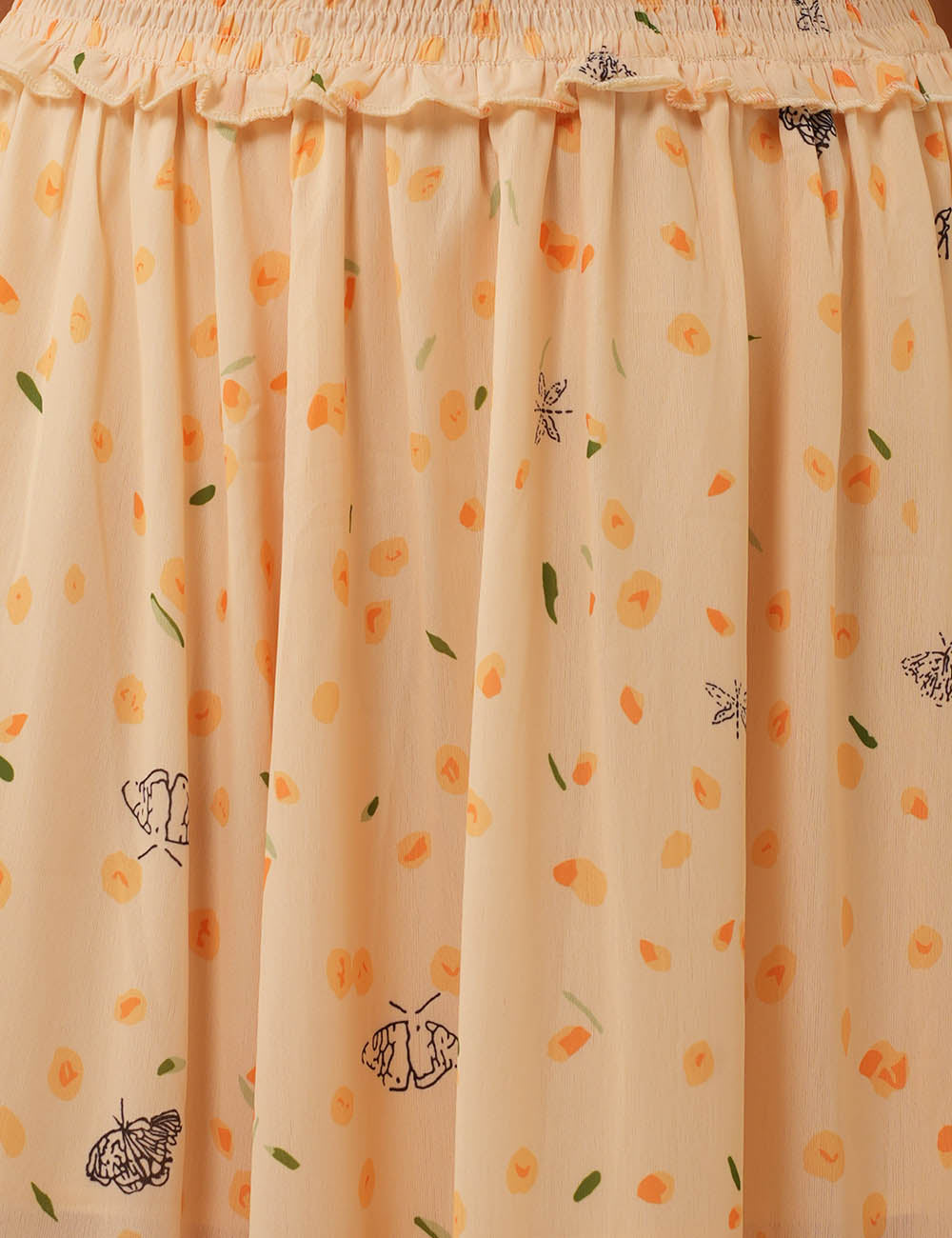 Ladies Floral Tiered Ruffle Smocked Waist Maxi Skirt