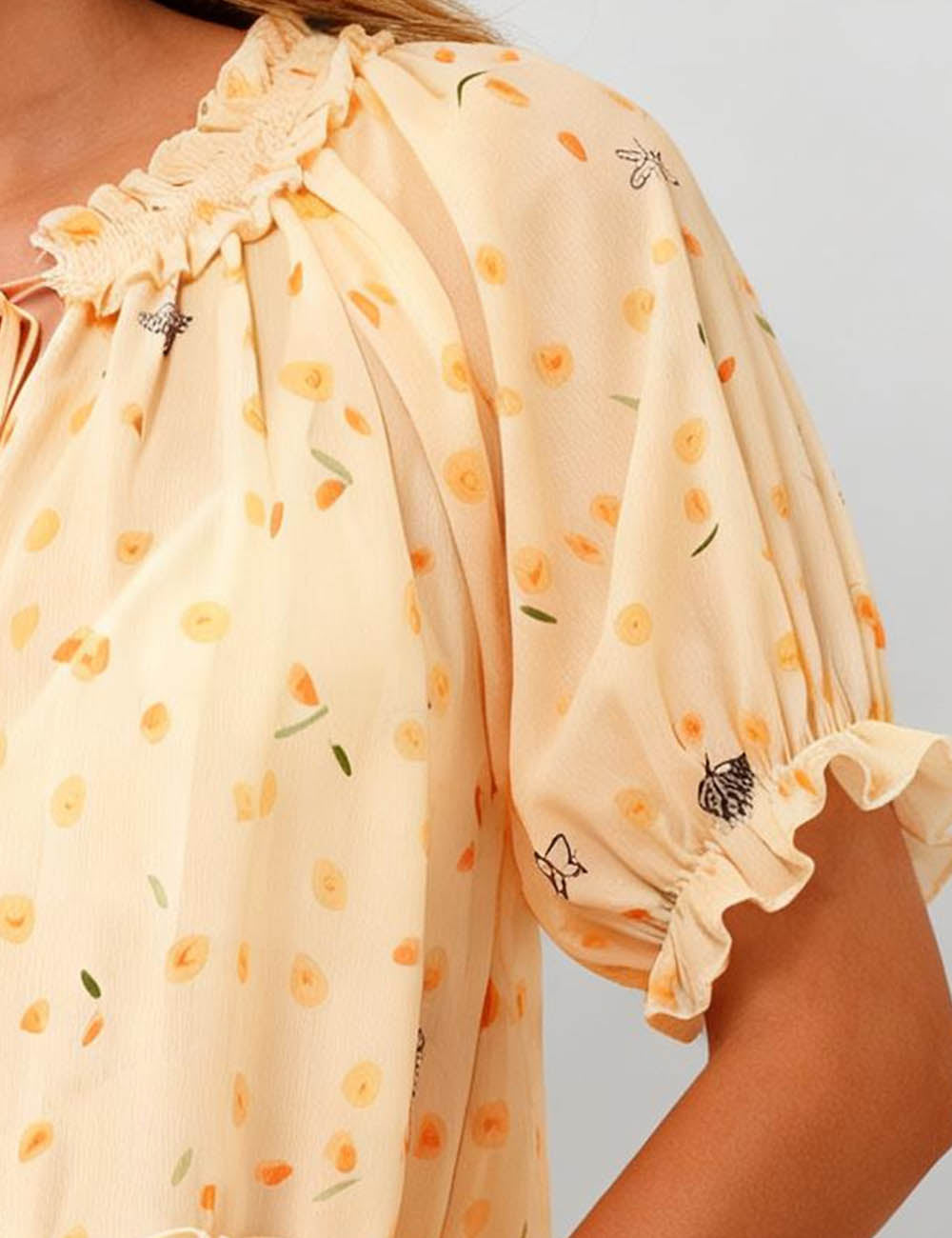 Ladies Floral Print Ruffle Hem Tie Neck Short Sleeves Babydoll Blouse