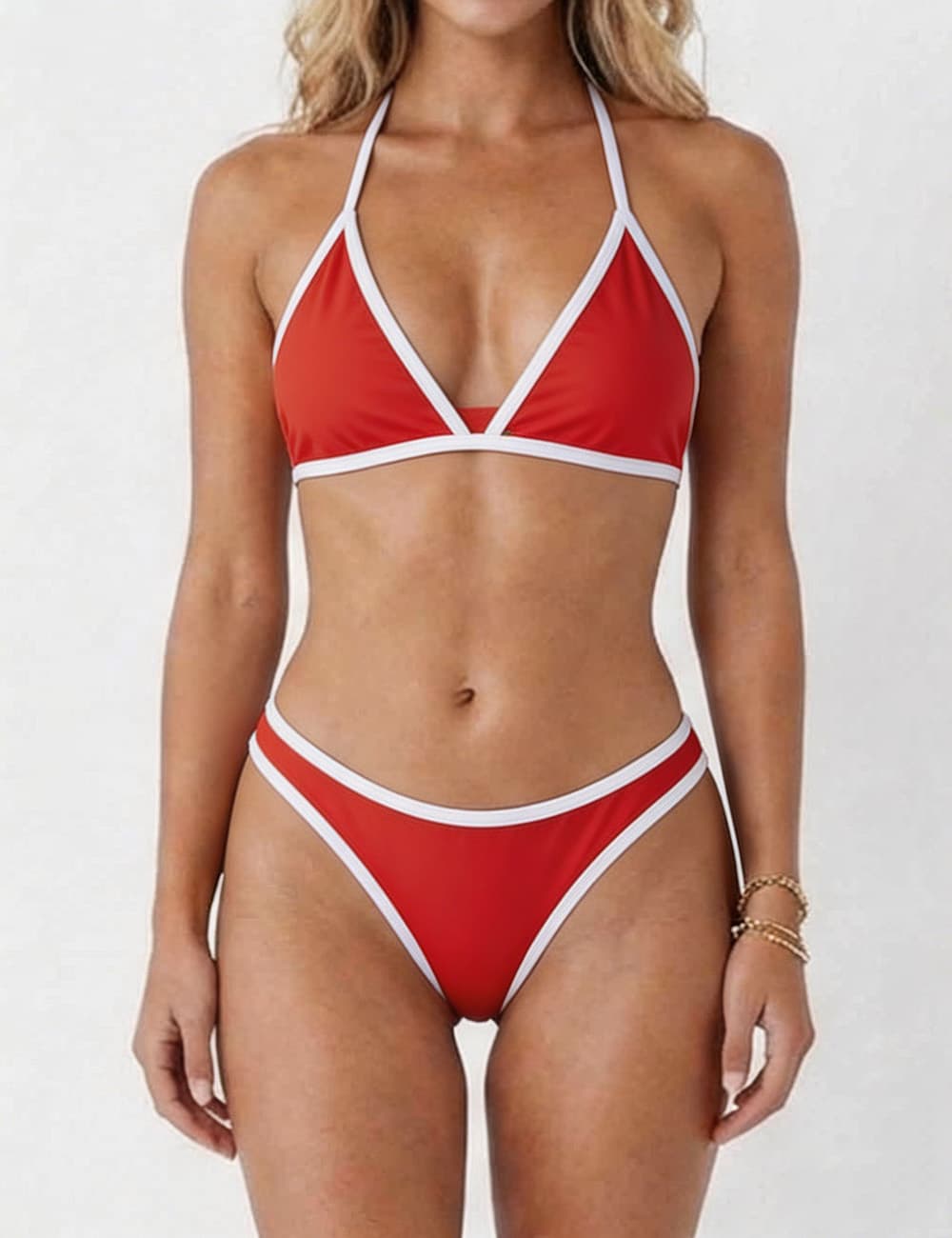 Ladies V-Neck Color Block Triangle Bikini Set